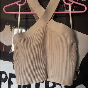 Babaton Beige Ribbed Halter Top